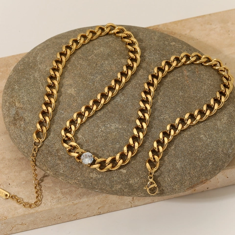 Cuban Link Necklace Stainless Steel Round Zircon Inlay Geometric Minimalist Clavicle Chain For Women Daily Wear