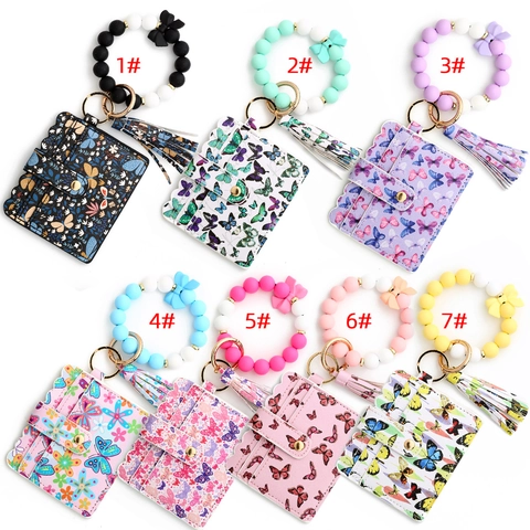 Portachiavi Da Polso In Pelle PU Con Stampa Floreale A Farfalla Con Porta Carte Perline In Silicone Nappa Fiocco Portafoglio Donna