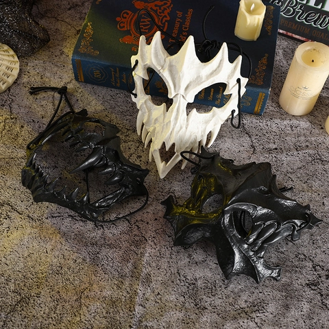Japanese Halloween Mask Half Face Bone Skeleton Dragon Tiger Yaksha Gothic Plastic Cosplay Masquerade Costume Accessories