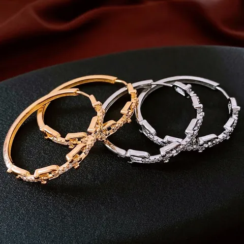 18K Vergoldete Creolen Mit 925 Sterling Silber Ohrstecker Kupfer Zirkonia Gliederkette Modeschmuck Für Damen