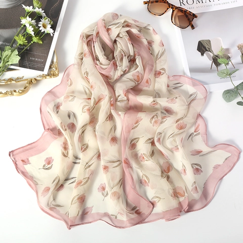 Bufanda Larga Con Estampado De Tulipanes Elegante Mujer Georgette Tacto Satén Chal Ligero Transparente