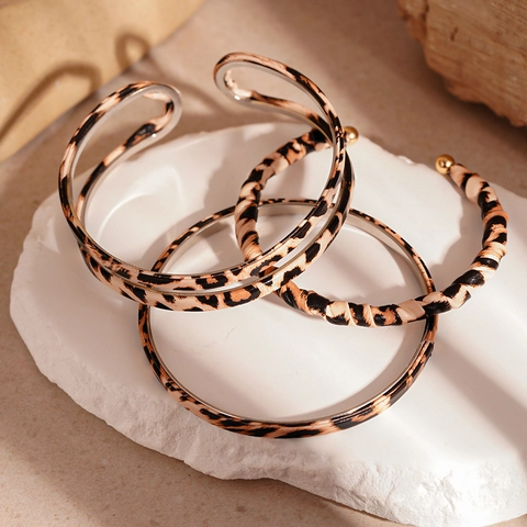Bracciale Rigido Vintage Maculato Lega Ecopelle Aperto Doppio Strato Braccialetto Gioielli Retrò Geometrici Per Donna