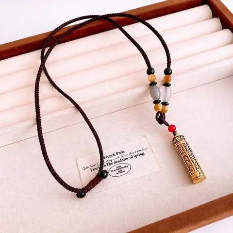 Retro Chinese Style Tiger Eye Stone Beaded Alloy Cylinder Pendant Necklace Engraved Mantra Ethnic Woven Rope Neck Jewelry