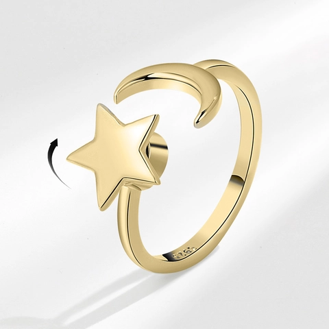 Rotierender Stern Und Mond Offener Ring Für Damen Verstellbarer Kupfer Galvanisierter Mode Sternenhimmel Fingerring Schmuck