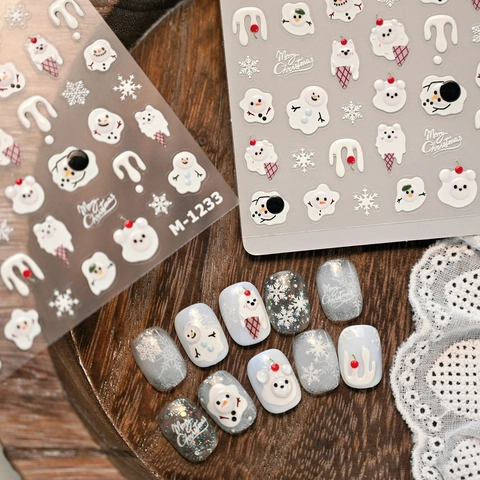 Adesivi Unghie 3D Rilievo Natale Bambini Pupazzo Di Neve Orso Polare Fiocco Di Neve Manicure Inverno Decorazione Festa