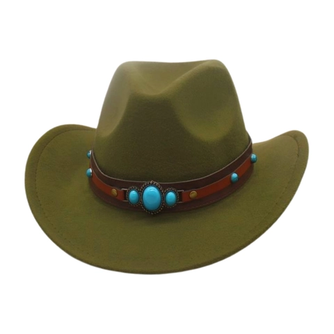 Western Cowboy Hat Polyester Felt With Leather Band Turquoise Rivets Ethnic Retro Fedora For Men Women