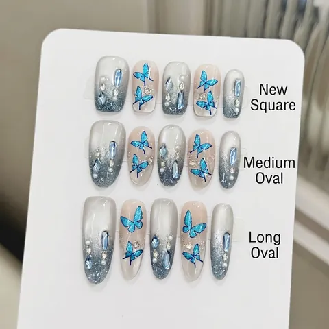 Blue Butterfly Press On Nails Gradient Silver Glitter Handmade Rhinestone Artificial Pearl Elegant False Nails For Women