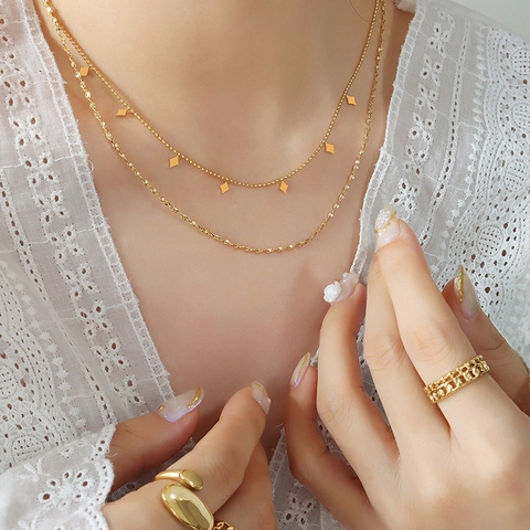 Double Layer Necklace Titanium Steel Gold Plated Rhombus Geometric Pendant Elegant Minimalist Jewelry For Women