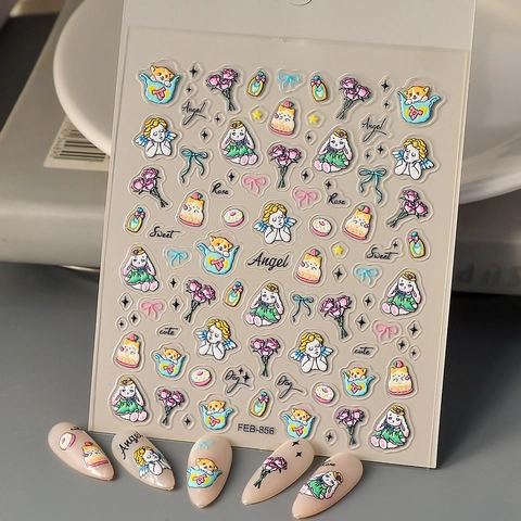 Autocollants Art Des Ongles En Relief 5D Jardin De Roses Ange Lapin Chat Nœud Style Pastoral Doux Imperméable Décalcomanies