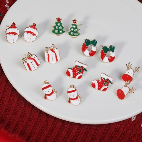 Christmas Stud Earrings Alloy Enamel Drip Oil Santa Claus Snowman Reindeer Tree Wreath Holiday Party Cute Festive Gift