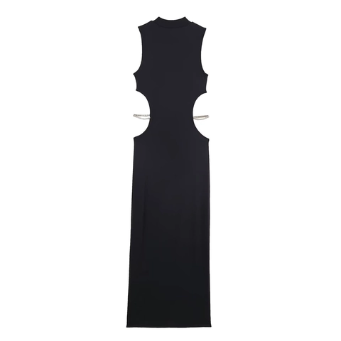 Ärmelloses Maxikleid Stehkragen Seitlicher Ausschnitt Strasskette Hochelastisch Bodycon Abendparty Langes Kleid Für Damen