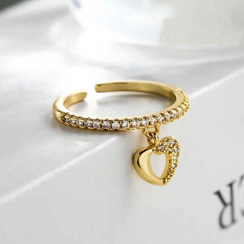 Minimalist Heart Charm Open Ring Gold Plated Copper Micro Pave Zircon Adjustable Finger Jewelry For Women