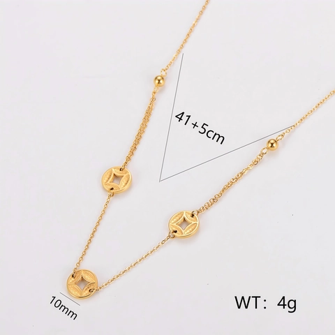 Collier Et Bracelet En Acier Inoxydable 304 Plaqué Or 18K Pour Femme Style Chinois Pièce De Monnaie Design Creux Perles