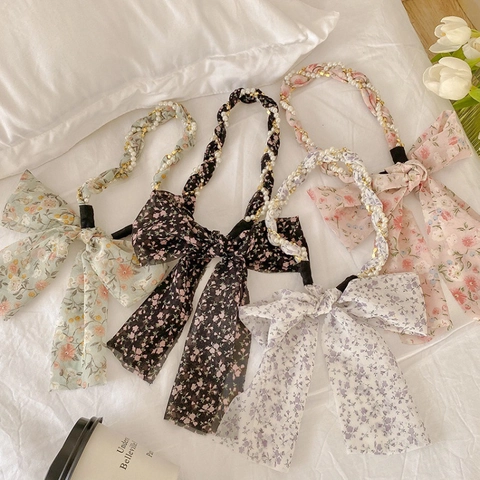 Cerchietto Dolce In Chiffon Floreale Con Fiocco Künstliche Perle E Catena In Metallo Accessorio Capelli Donna