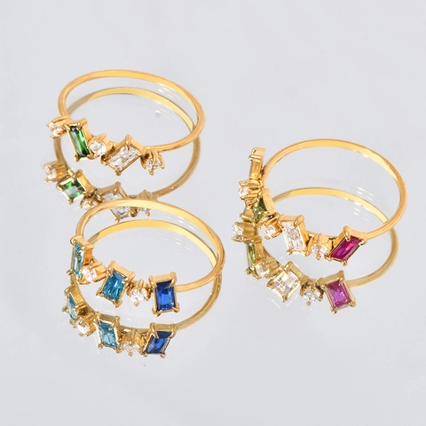 Minimalist Titanium Steel Ring With Multi-color Baguette Zirconia Geometric Stackable Light Luxury Finger Jewelry For Women