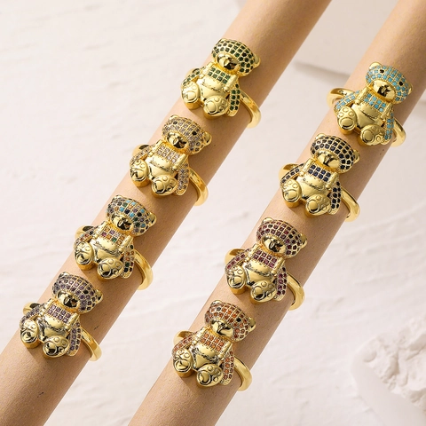 Simpatico Anello Aperto Orsetto 3D Rame Placcato Oro 18K Zircone Colorato Gioielli Per Dita Regolabili Per Donne Ragazze Regalo