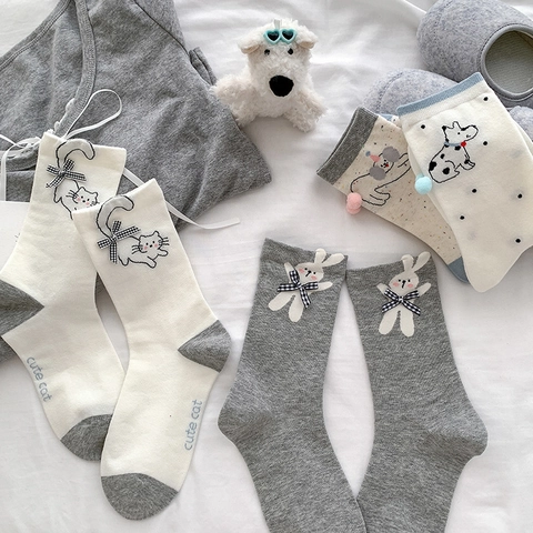 Women Mid-Calf Socks Cute Cartoon Animal Cotton Blend With Bow Pom-Pom Japanese Style Embroidered Soft Breathable