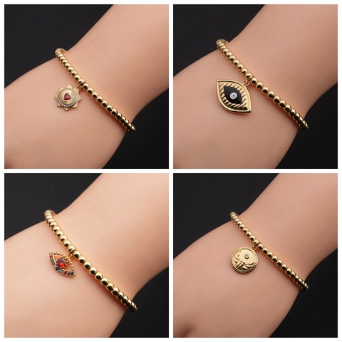 Bracciale Con Perline Malocchio Rame Placcato Oro Zircone Cuore Scarabeo Pendente Gioielli Regolabili Da Donna