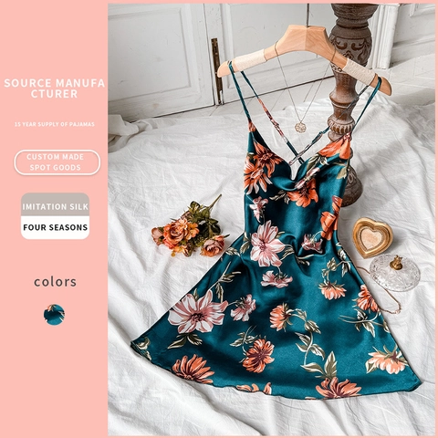 Floral Print Satin Nachthemd Spaghettiträger V-Ausschnitt Rückenfrei Imitation Satin Schlafanzug Für Damen