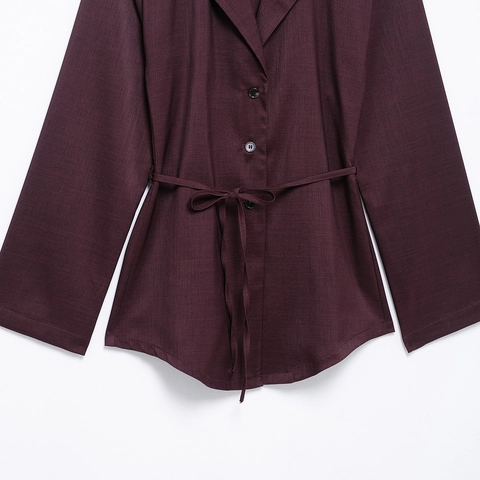 Blusa De Manga Larga Para Mujer Con Cinturón Cuello Solapa Con Botones Color Sólido Poliéster Tejido