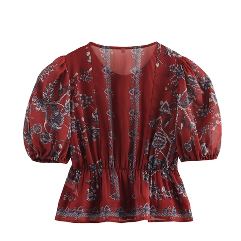 Vintage Bluse Mit Blumendruck Aus Chiffon Kurze Puffärmel Knopfleiste Gesmokte Taille Rüschensaum Oberteil Damen