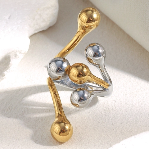 Anello In Acciaio Inossidabile Bicolore Placcato Oro 18K Geometrico Sfera Rotonda Esagerato Minimalista Design Di Nicchia