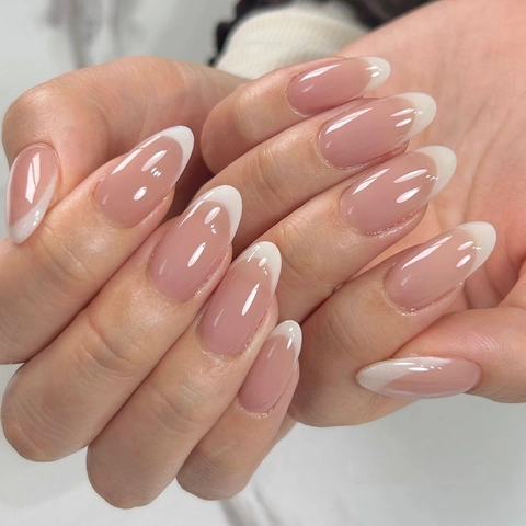 Weiße Französische Press On Nägel Nude Rosa Mandelform Glänzend Minimalistisch Künstliche Falsche Nägel Für Frauen Elegante Maniküre