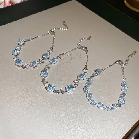 Elegante Lichtblauwe Zirkoon Armband Voor Dames Met Strik Hart Ovale Stenen Verzilverd Koper Verstelbare Armband