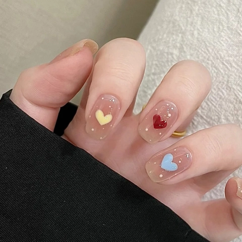 Colorful Heart Press On Nails Nude Pink Polka Dot Three Dimensional Heart Design European Square Fake Nails For Women Daily Nail Art