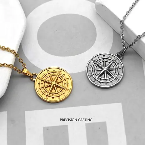 Compass Pendant Necklace Vintage Retro Stainless Steel Round Medallion Punk Jewelry Gift For Men Women