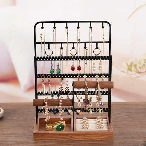 Jewelry Display Stand Metal And Wood Organizer For Necklace Earring Bracelet Ring Multi Layer Desktop Storage Holder