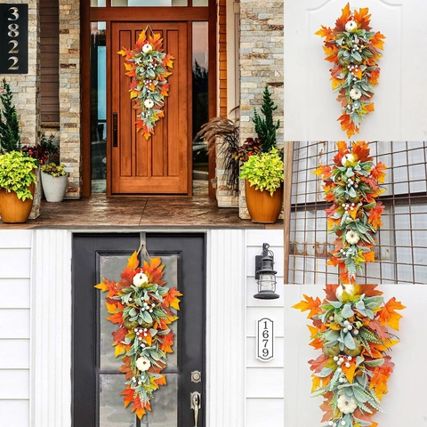 Guirlande Automne Artificielle Feuilles Érable Citrouilles Blanches Baies Récolte Action De Grâce Décoration Porte