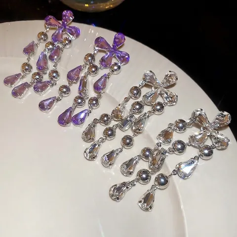 Rhinestone Tassel Drop Earrings With Silver Earring Post Flower Star Teardrop Crystal Elegant Luxury Jewelry For Women
