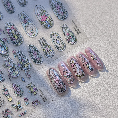 Rococo Stained Glass Nail Art Stickers Holographic Shell Light Flower Butterfly DIY Manicure Decoration Vintage Gothic Style