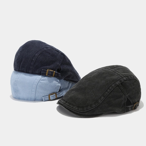 Casquette Plate En Coton Lavé Denim Rétro Britannique Distressed Boucle Métallique Réglable Casual Streetwear Unisexe