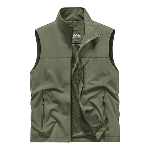 Men's Casual Stand Collar Multi-Pocket Cargo Vest Spring Outdoor Photography Fishing Sleeveless Jacket Polyester Outerwear