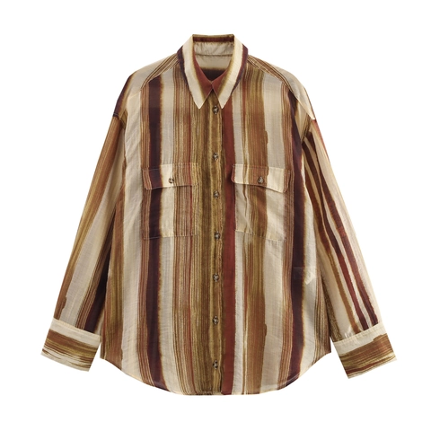 Dames Gestreepte Blouse Met Lange Mouwen Lichtgewicht Polyester Losse Pasvorm Casual Knoopsluiting Omvouwkraag Top