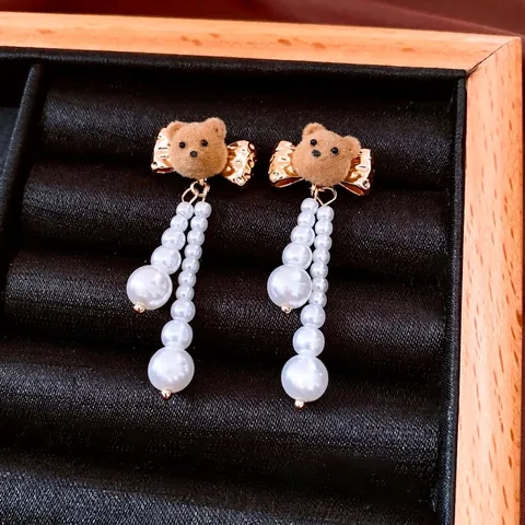 Pendientes De Gota Oso De Peluche Con Borla De Perlas Artificiales De Imitación Y Poste De Plata Para Mujer Moda Lindo