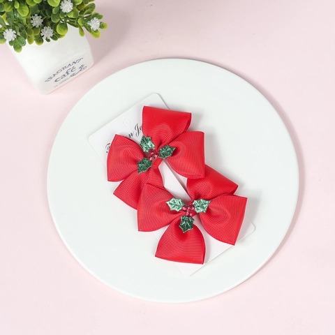 Christmas Bow Hair Clip With Holly Berry Glitter Leaves Grosgrain Ribbon Hairpin For Girls Festive Kids Hair Accessory