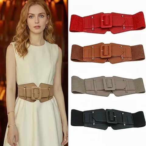 Dames Brede Elastische Taille Riem PU-Leer Beklede Gesp Korset Riem Met Klinknagels Voor Jurken Jassen Mode Accessoires