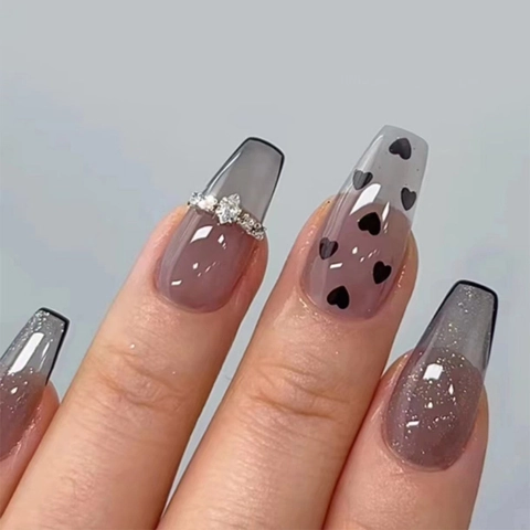 Coffin Press On Nails Long Black Grey Ombre Heart Pattern Rhinestone Glossy False Nails Full Cover Artificial Fingernails