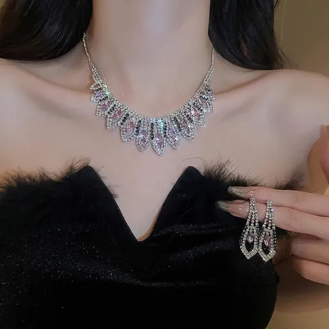 Luxus Strass Quasten Halskette Und Ohrringe Lila Zirkon Geometrischer Kupferschmuck Für Frauen Hochzeit Party