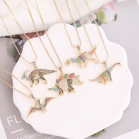 Dinosaurus Hanger Ketting Koper Kleurrijke Zirkonia Hip Hop Mode Sieraden Cadeau Voor Vrouwen Mannen