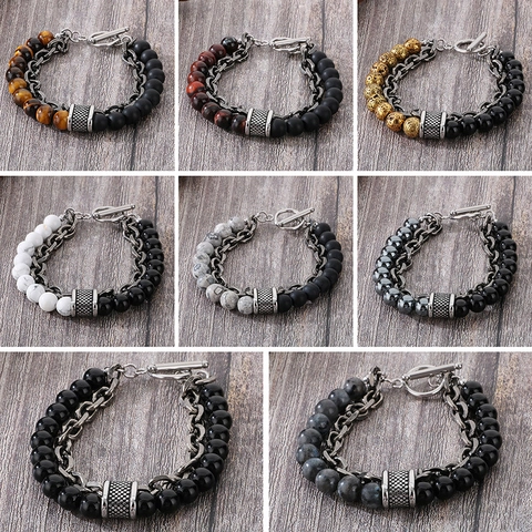 Men Bracelet Stainless Steel Tiger Eye Stone Beaded Chain Splicing Double Layer Retro Punk Toggle Clasp Jewelry