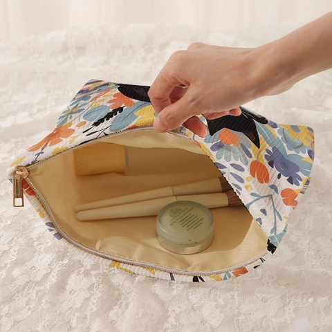 Beauty Case In Velluto A Coste Con Stampa Gatto Nero E Fiori Borsa Trucco Portatile Per Donna Organizzatore Da Viaggio