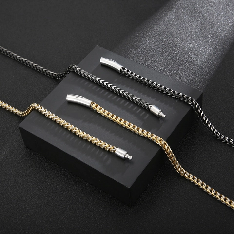Men Stainless Steel Franco Chain Bracelet And Necklace Retro Industrial Bicolor Wheat Braid Punk Minimalist Accessory