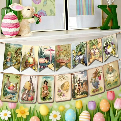 Easter Vintage Banner Pull Flags Paper Cardstock Victorian Retro Rabbit Chick Egg Illustration Party Decoration Indoor Home