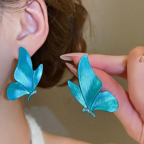 Alloy Spray Painted 3D Butterfly Drop Earrings With Rhinestones And 925 Sterling Silver Earring Post Aesthetic Chic