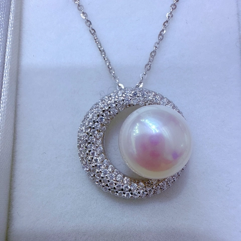 S925 Sterling Silver Freshwater Pearl Jewelry Set Crescent Rhinestone Pendant Necklace Finished Stud Earrings Ring For Women