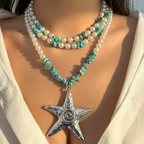 Layered Necklace With Large Starfish Pendant Faux Artificial Pearl And Synthetic Turquoise Ocean Style Summer Beach Jewelry For Women